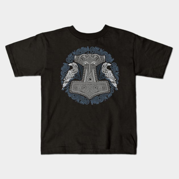 Thors Raven Hammer Norse Viking Mjolnir Pagan Knotwork Ravens Kids T-Shirt by Blue Pagan